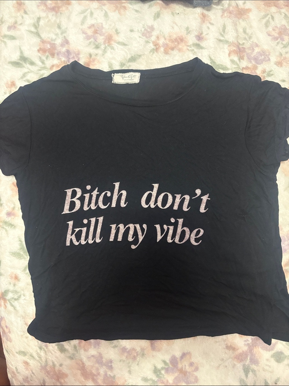 Brandy Melville Black Short-Sleeve Tee with Pink Metallic Script